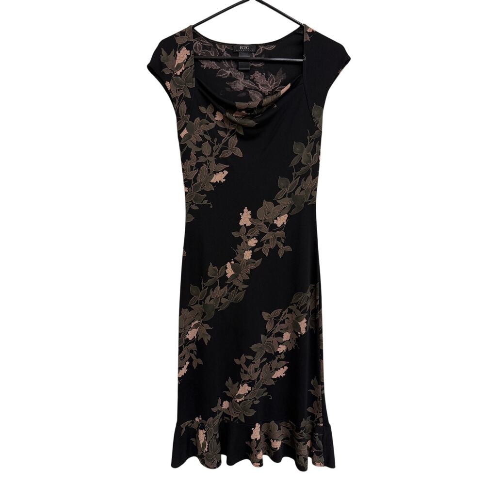 Vintage BCBG Maxazria Fairy Grunge Midi Dress S Black Floral Ruffle Cowl Neck